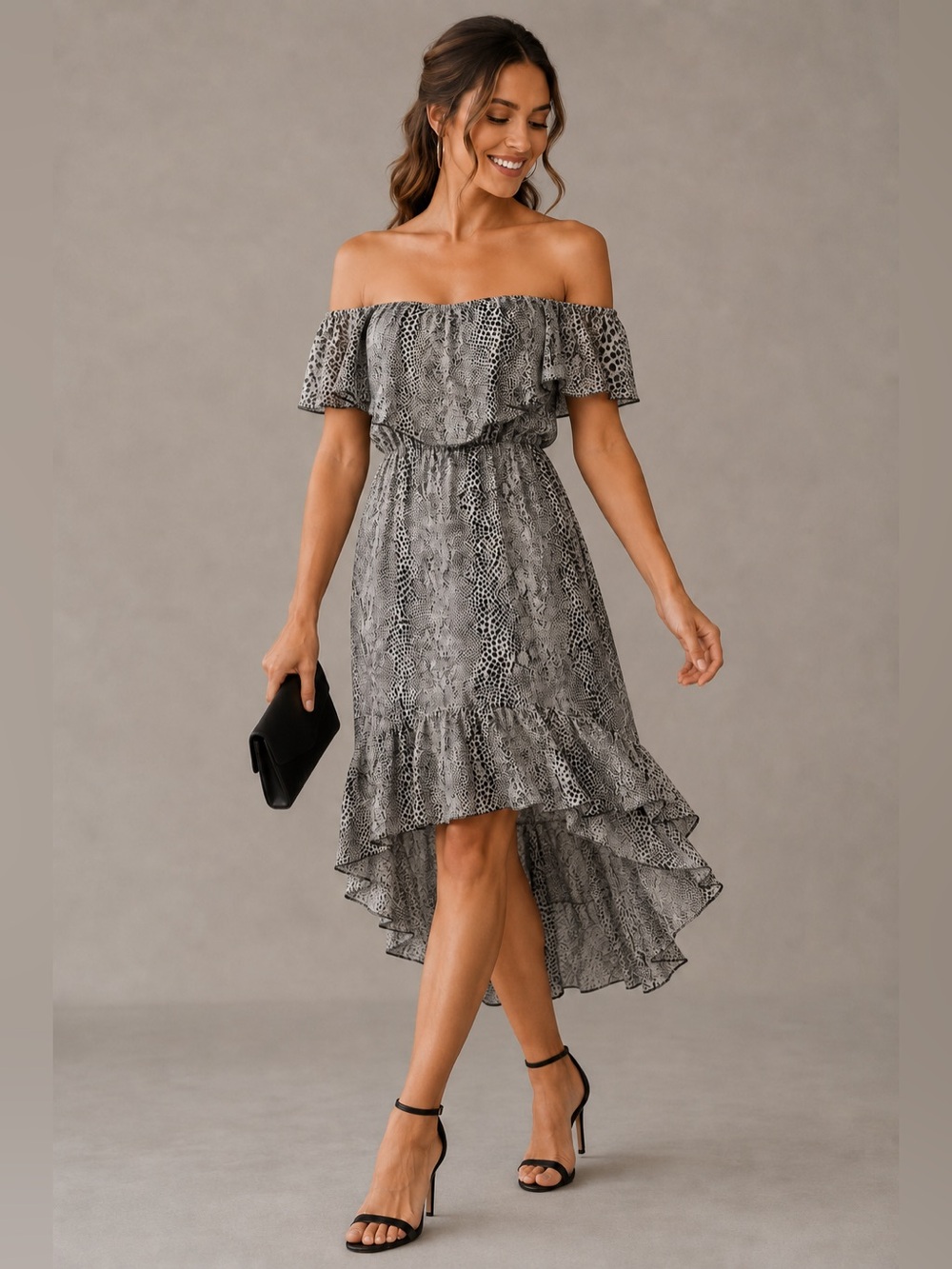 HeartSoul Snake Print Strapless Off Shoulder Ruffle High Low Dress Size Small